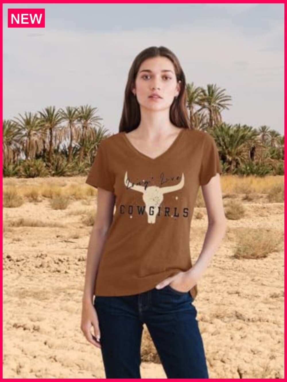 Vintage Western V-Neck T-Shirt, Short Sleeve, Loose Fit, Cotton Blend - Picture 2 of 5